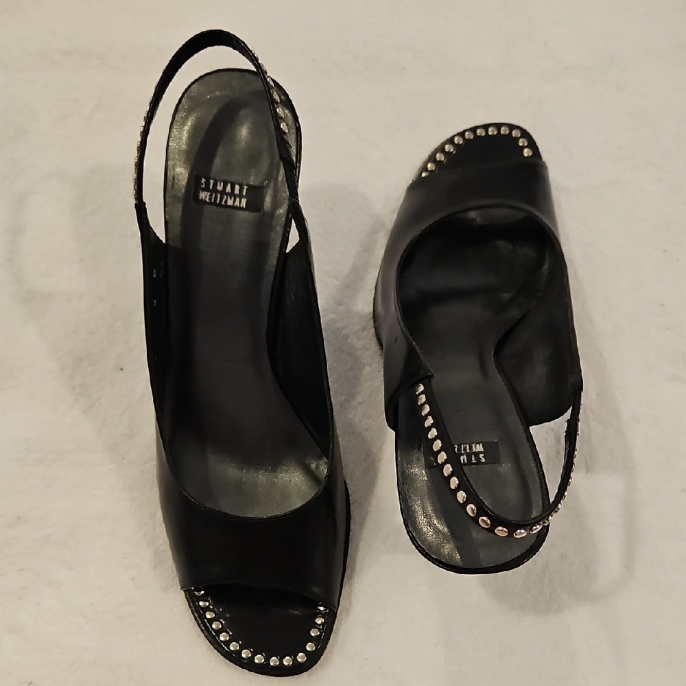 Stuart Weitzman Black Studded Open-Toe Slingback Heels